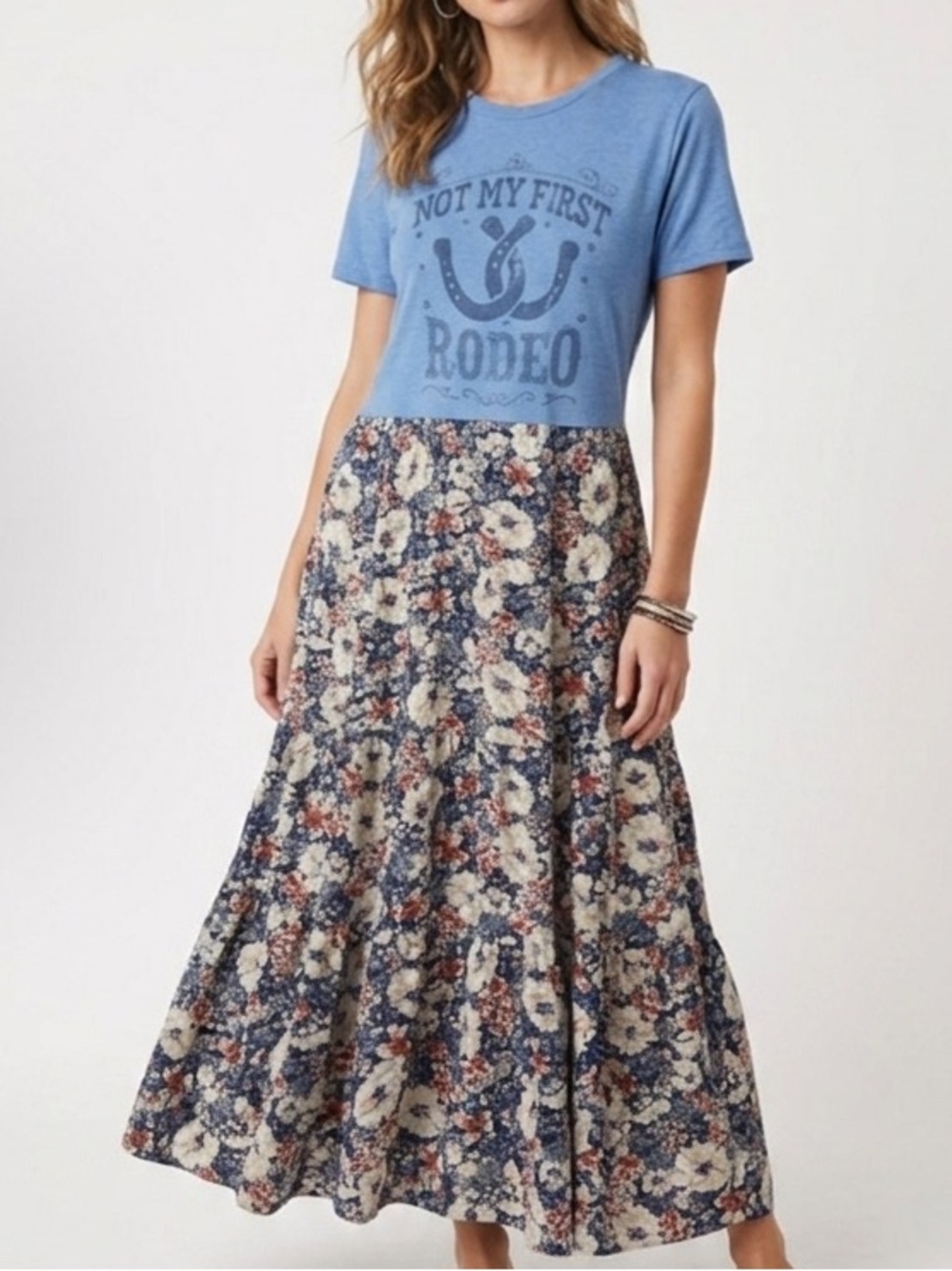 Boho Rodeo Graphic Tee Floral Tiered Maxi Dress
